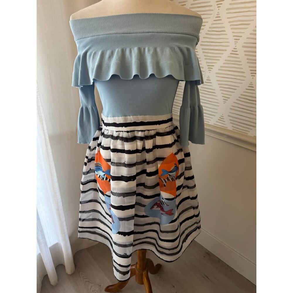 Jus d’Orange Women’s Small Blue Knit Off Shoulder Striped Fish Fit Flare Dress